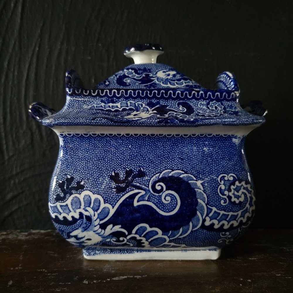 Antique Blue and White Transferware Sugar Bowl with Dragon Design, Chinoiserie